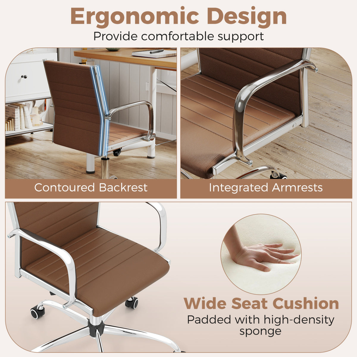 Office Chair Height Adjustable Conference Room Chair with Rocking Backrest Armrests-Brown