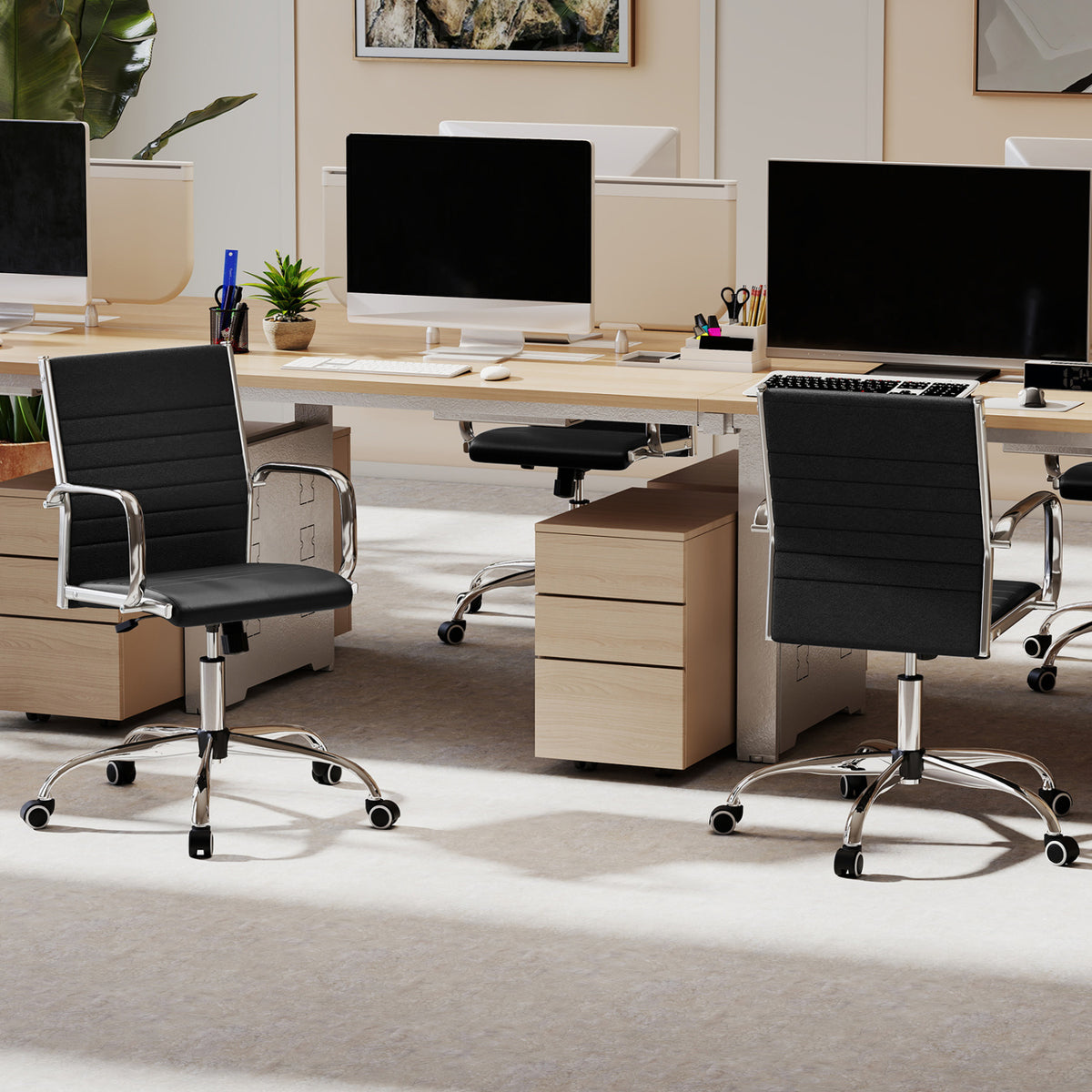 Office Chair Height Adjustable Conference Room Chair with Rocking Backrest Armrests-Black