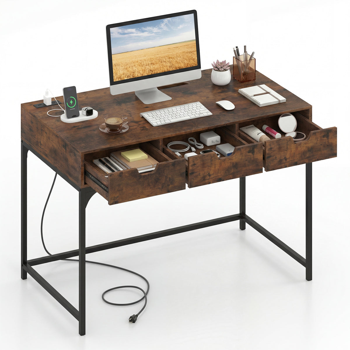 Office Desk with Power Outlets and Hidden Compartment for Study-Rustic Brown