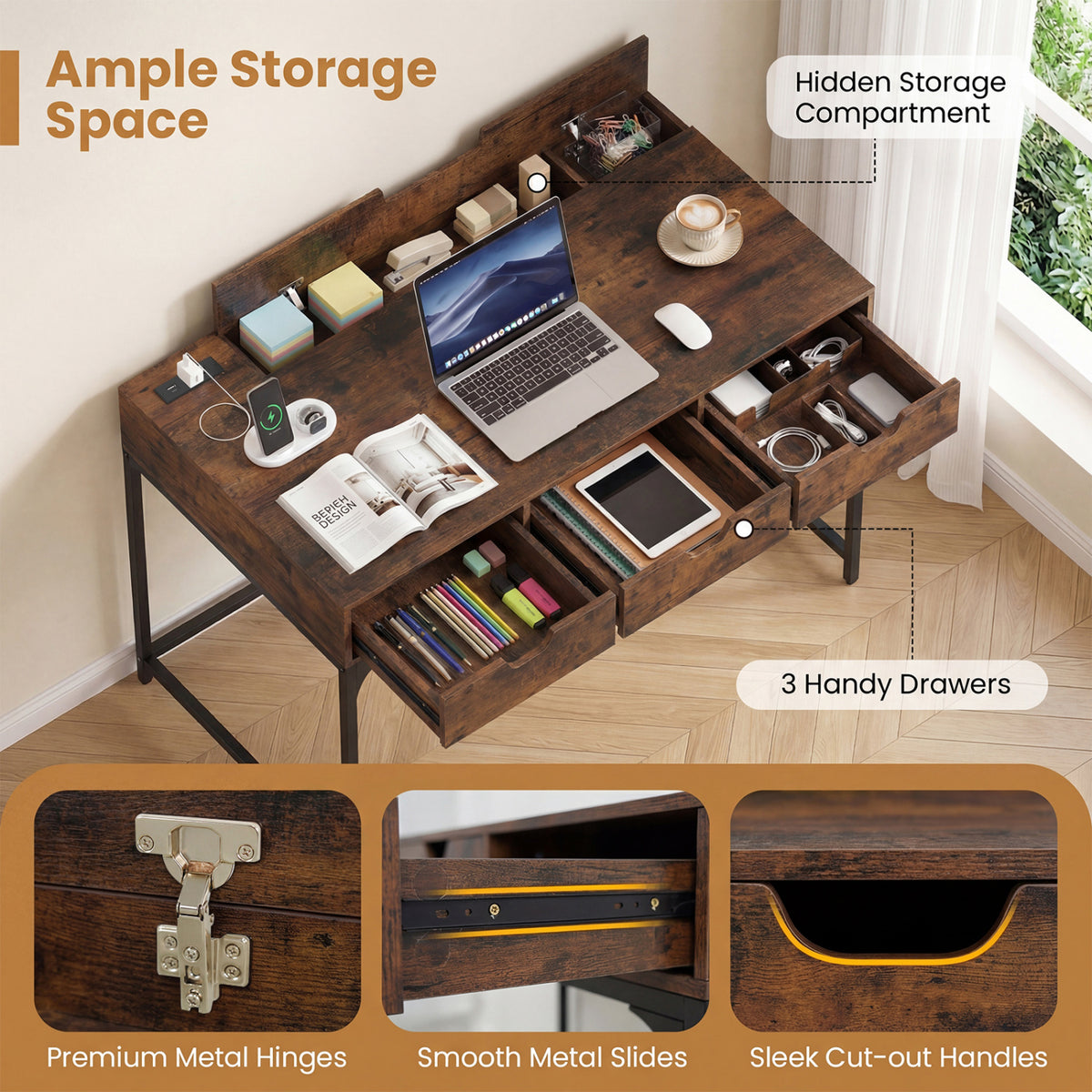 Office Desk with Power Outlets and Hidden Compartment for Study-Rustic Brown