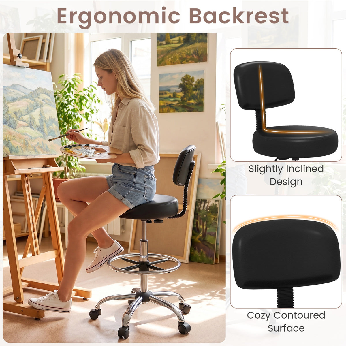 Office Drafting Chair with Back & Adjustable Footring and Wheels for Desk-Silver