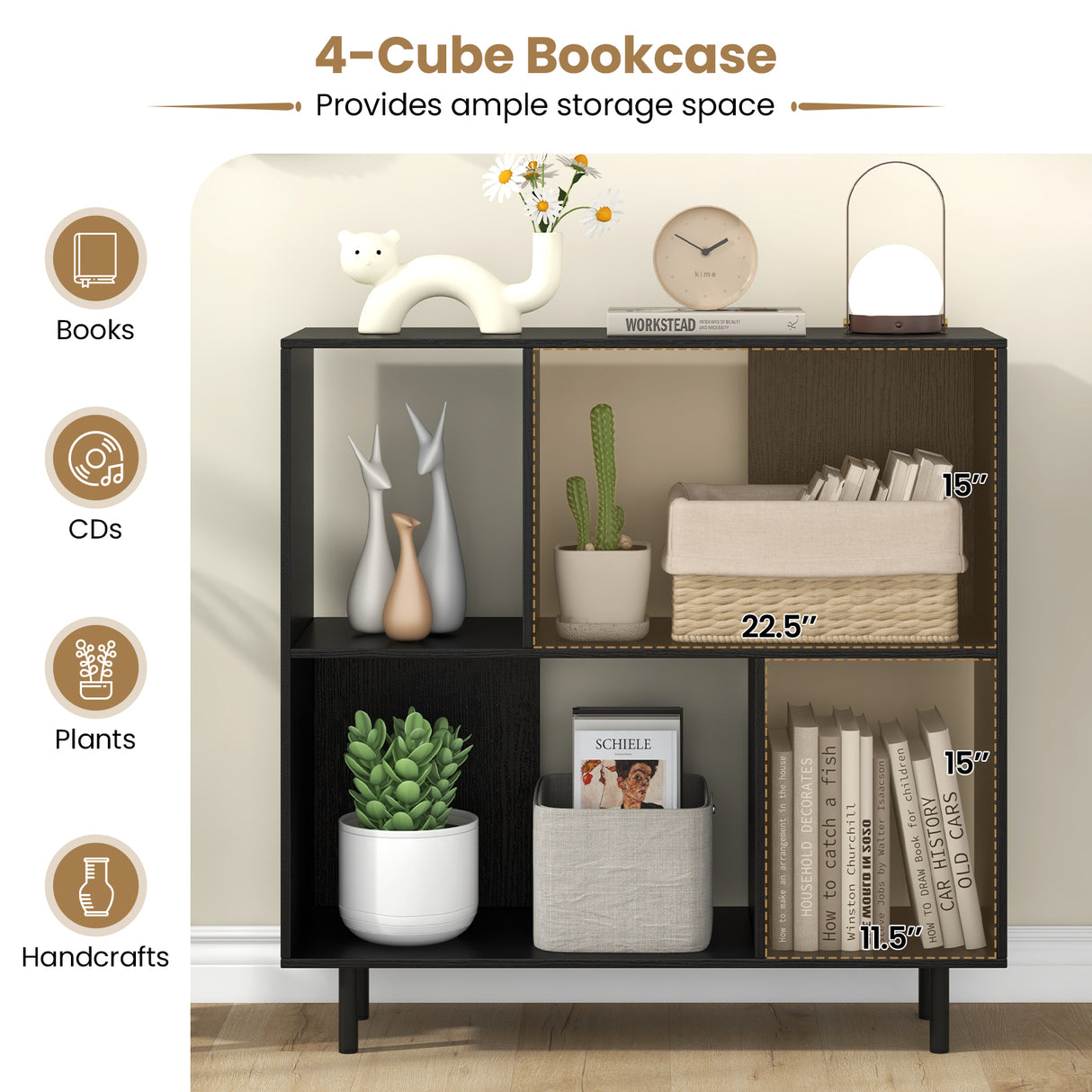 Open Shelf Bookcase with 4 Compartments-Black