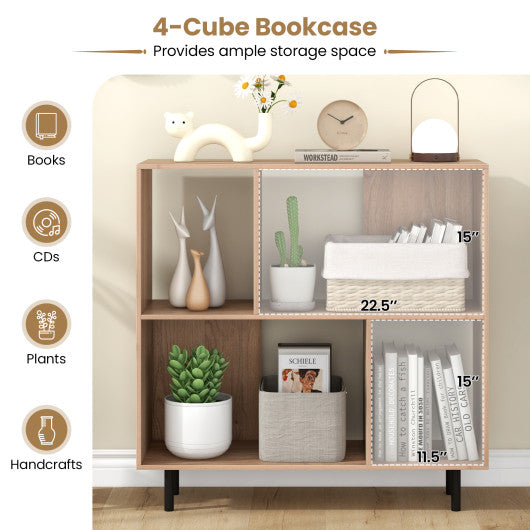 Open Shelf Bookcase with 4 Compartments-Natural