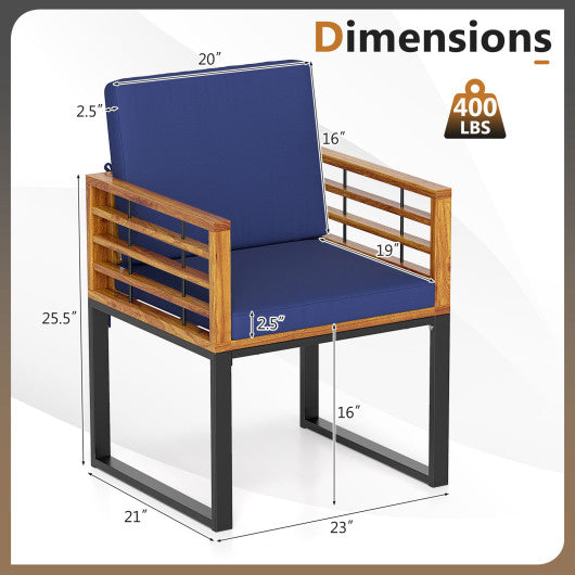 Outdoor Acacia Wood Patio Dining Chairs Set of 6 with Seat Back Cushions-Navy