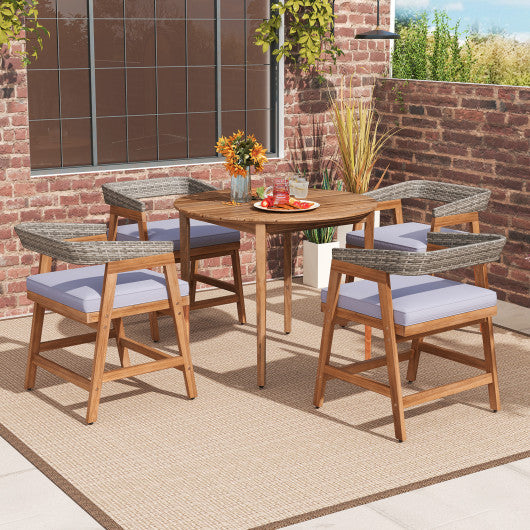 Outdoor Acacia Wood Patio Wicker Dining Chairs Set of 4 with Seat Cushion-Gray