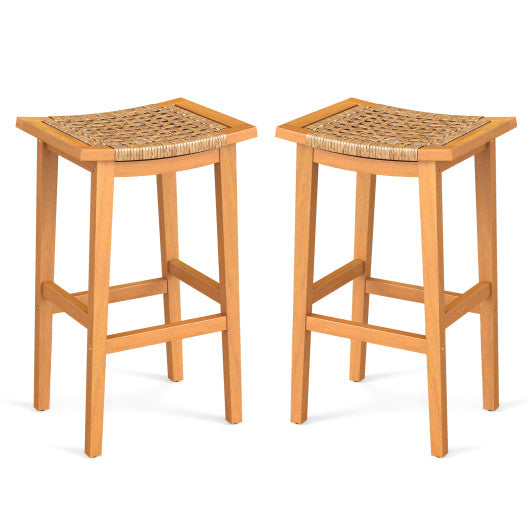 Outdoor Acacia Wood Bar Stools Set of 2 with PE Rattan Seats and Backrests
