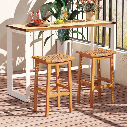 Outdoor Acacia Wood Bar Stools Set of 2 with PE Rattan Seats and Backrests
