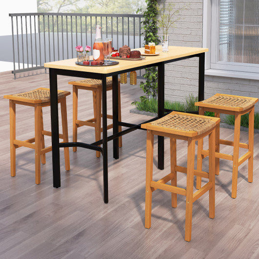 Outdoor Acacia Wood Bar Stools Set of 2 with PE Rattan Seats and Backrests