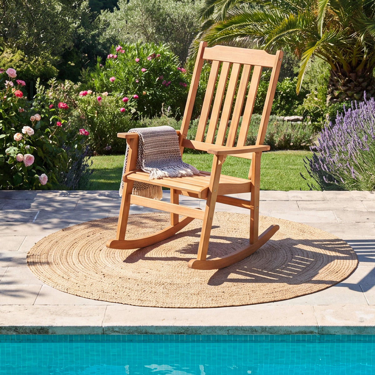 Outdoor Acacia Wood Rocking Chair with High Back and Armrests for Patio-Natural