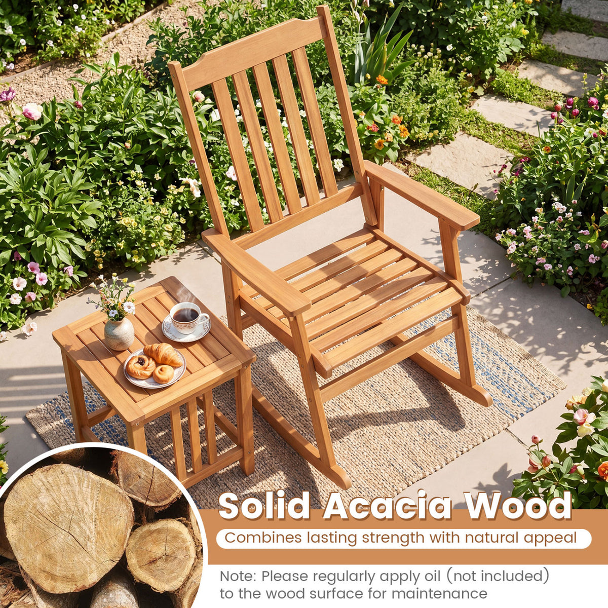 Outdoor Acacia Wood Rocking Chair with High Back and Armrests for Patio-Natural