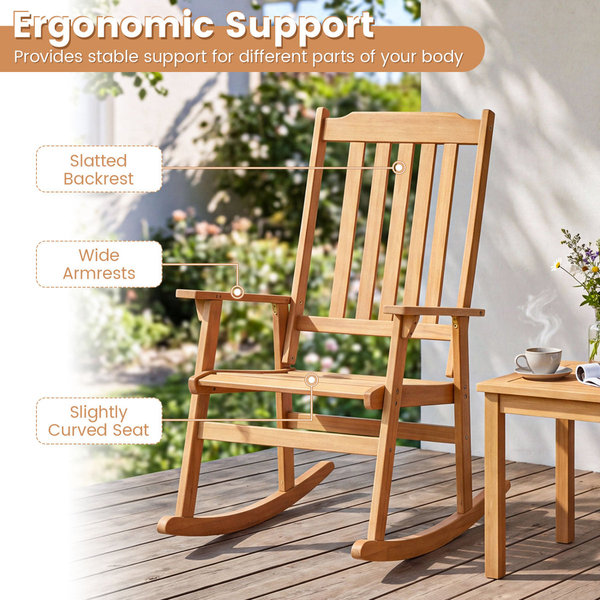 Outdoor Acacia Wood Rocking Chair with High Back and Armrests for Patio-Natural