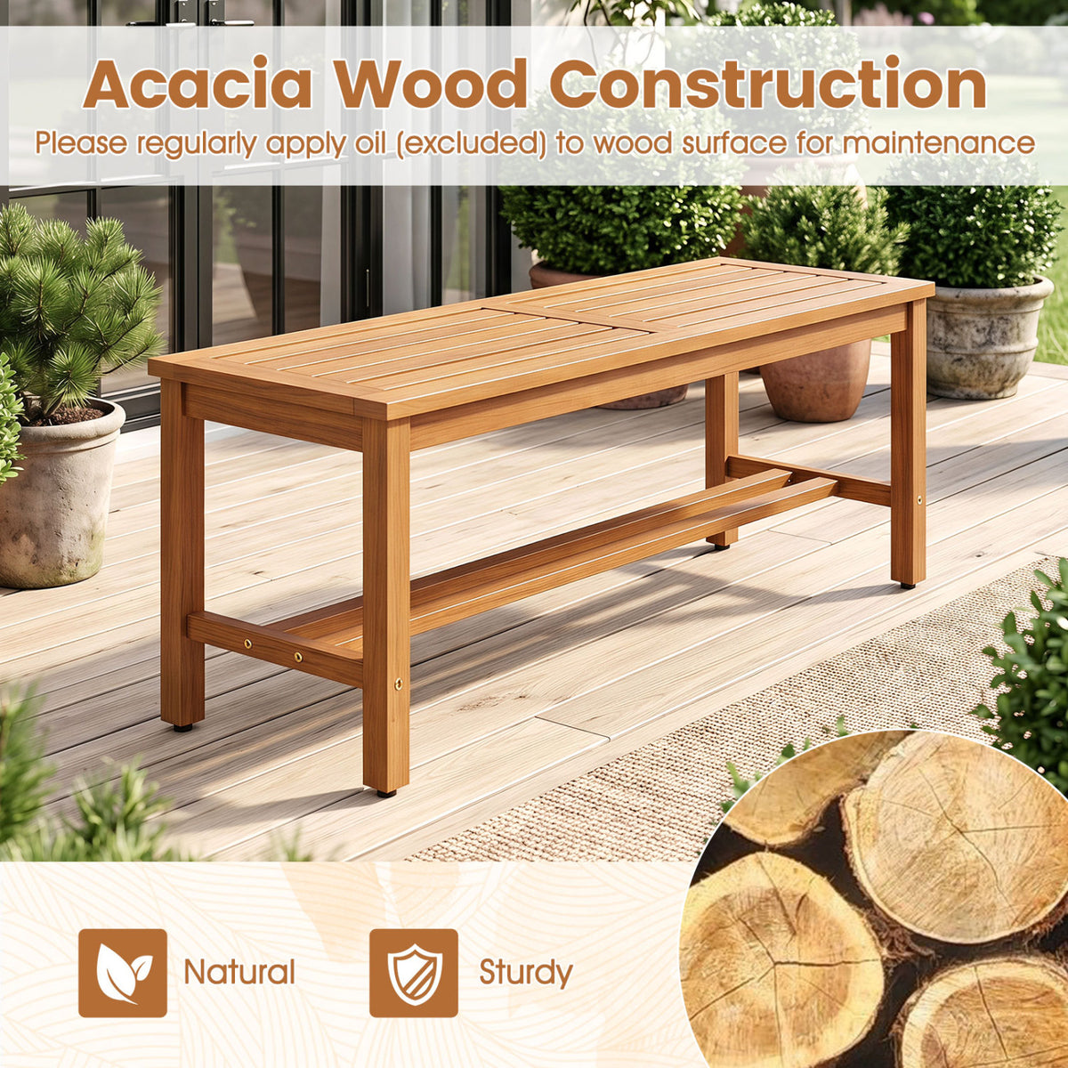 Outdoor Acacia Wood Patio Bench for 2 with Slatted Seat-1 Piece