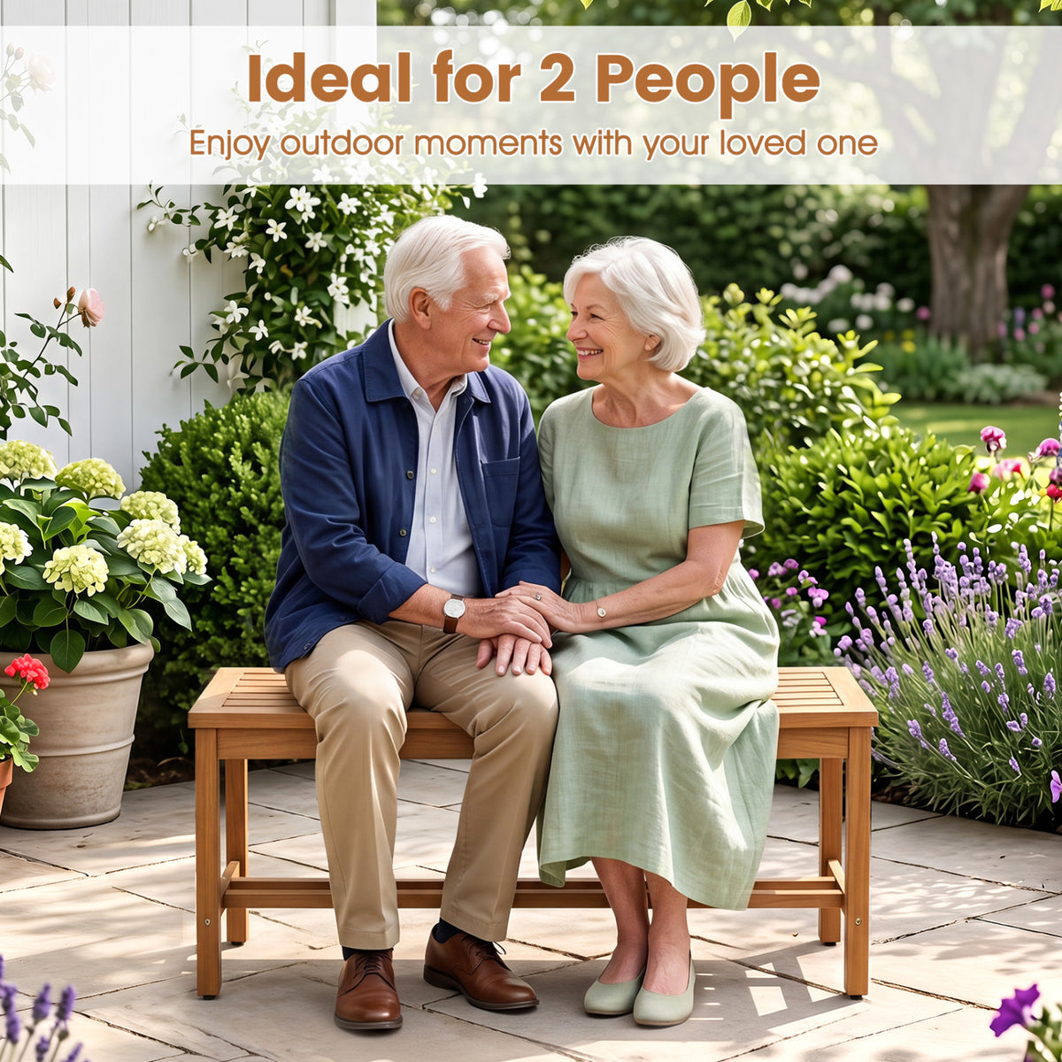Outdoor Acacia Wood Patio Bench for 2 with Slatted Seat-1 Piece