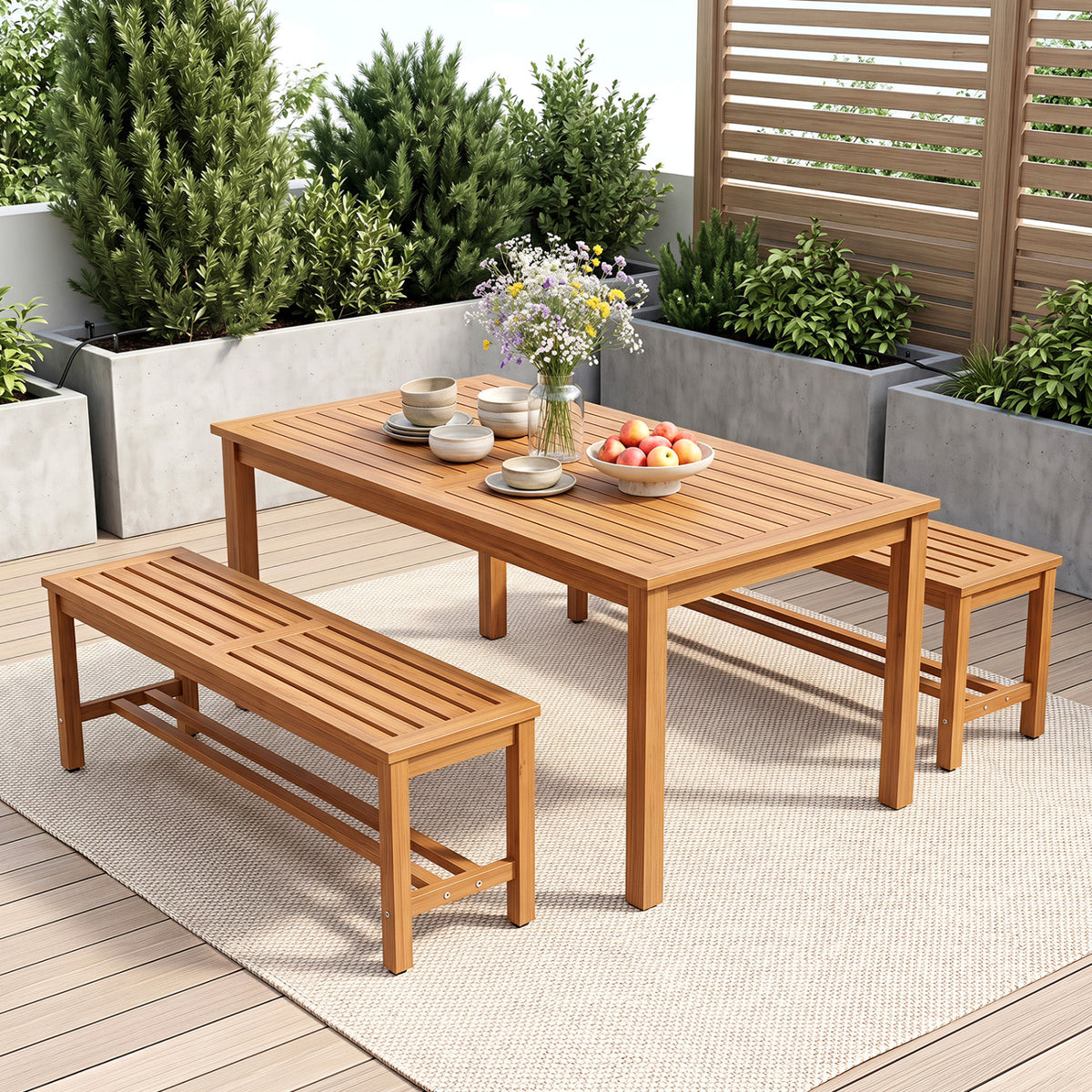 Outdoor Acacia Wood Patio Bench for 2 with Slatted Seat-2 Pieces