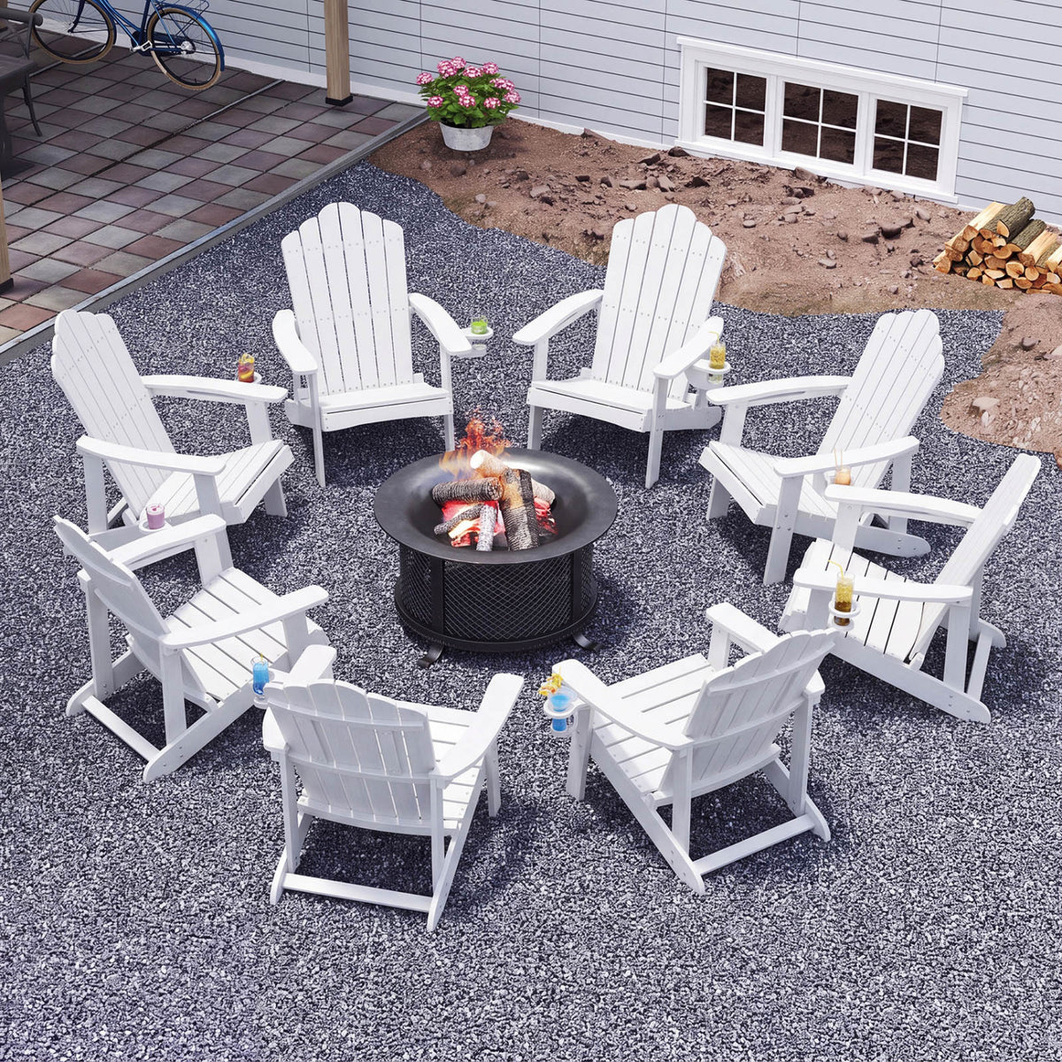 Outdoor Adirondack Chair with Built-in Cup Holder for Backyard Porch-White