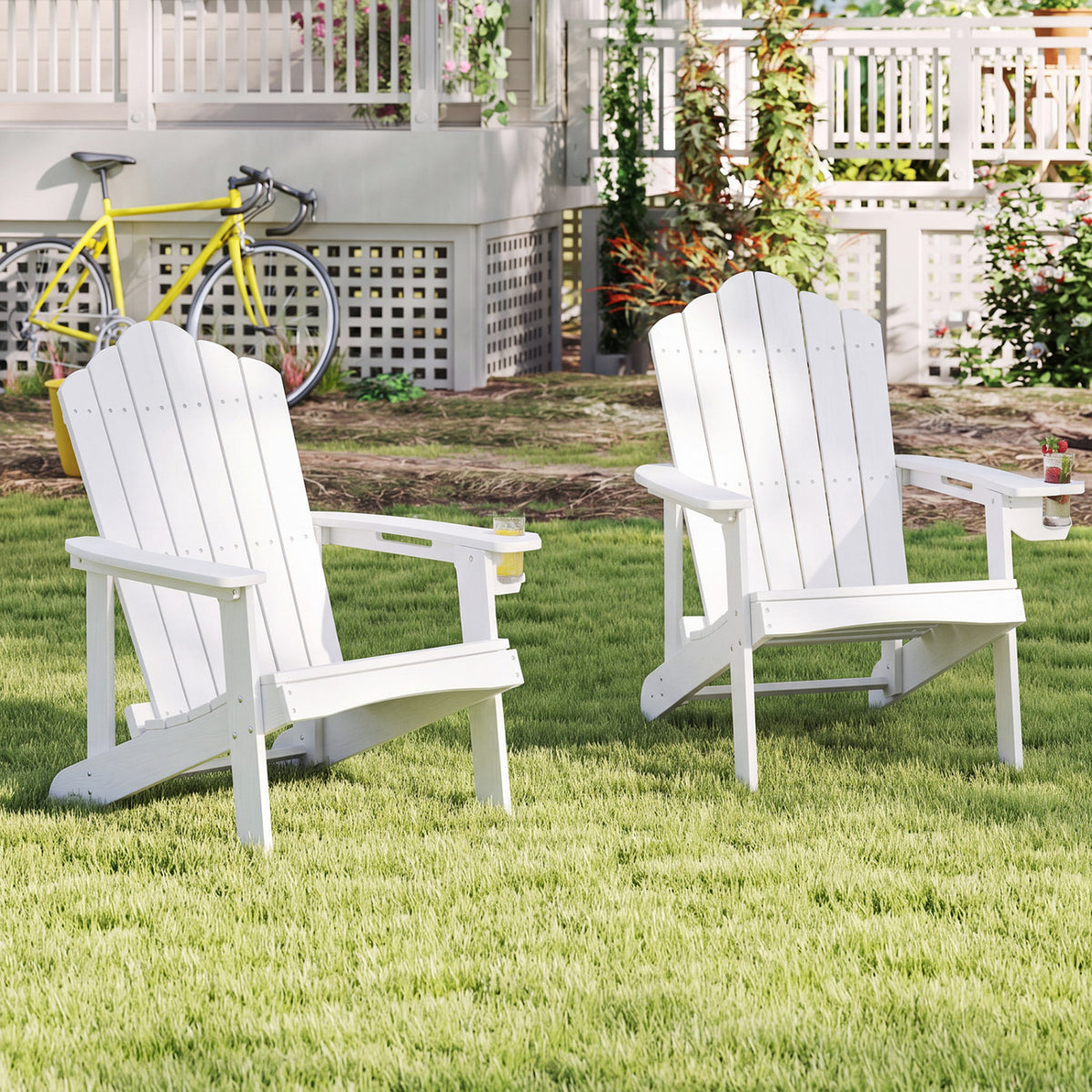 Outdoor Adirondack Chair with Built-in Cup Holder for Backyard Porch-White