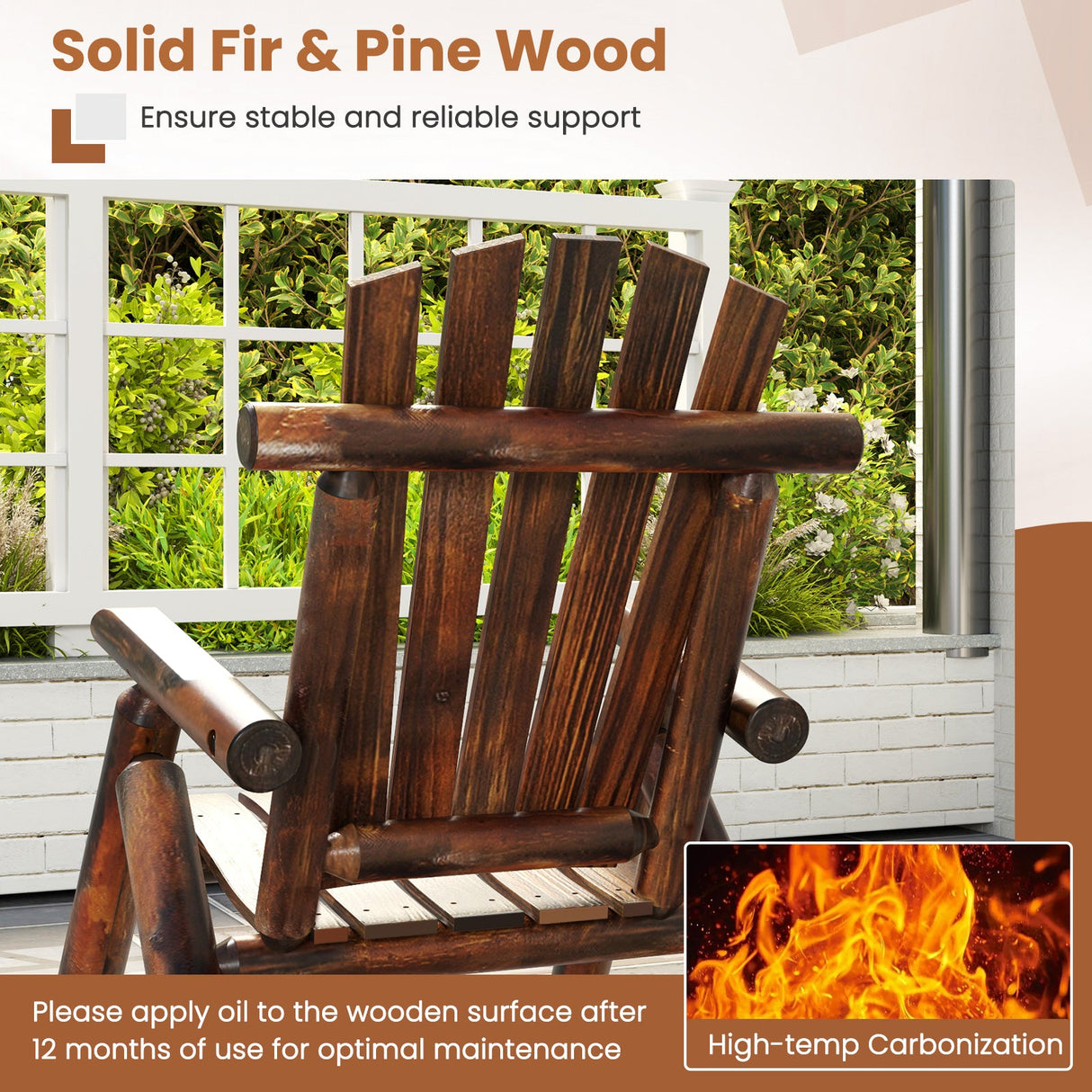 Outdoor Adirondack Rocking Chair for Adults Solid Wood Porch Rocker-Brown