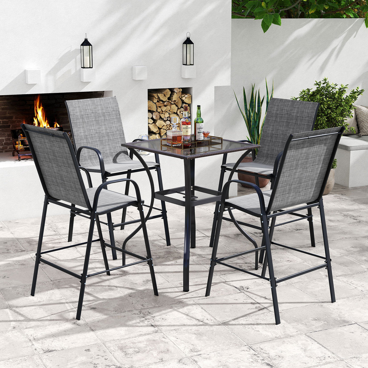 Outdoor Bar Stools Set of 2 29 Inch Fabric Bar Height Stools with Armrests-Grey