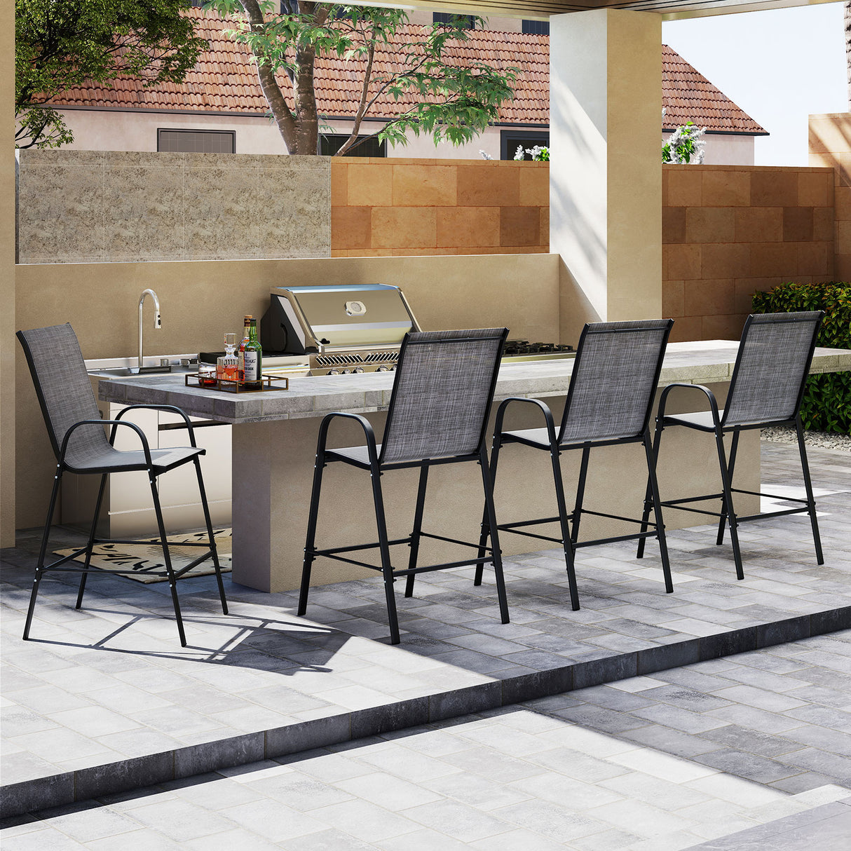Outdoor Bar Stools Set of 2 29 Inch Fabric Bar Height Stools with Armrests-Grey