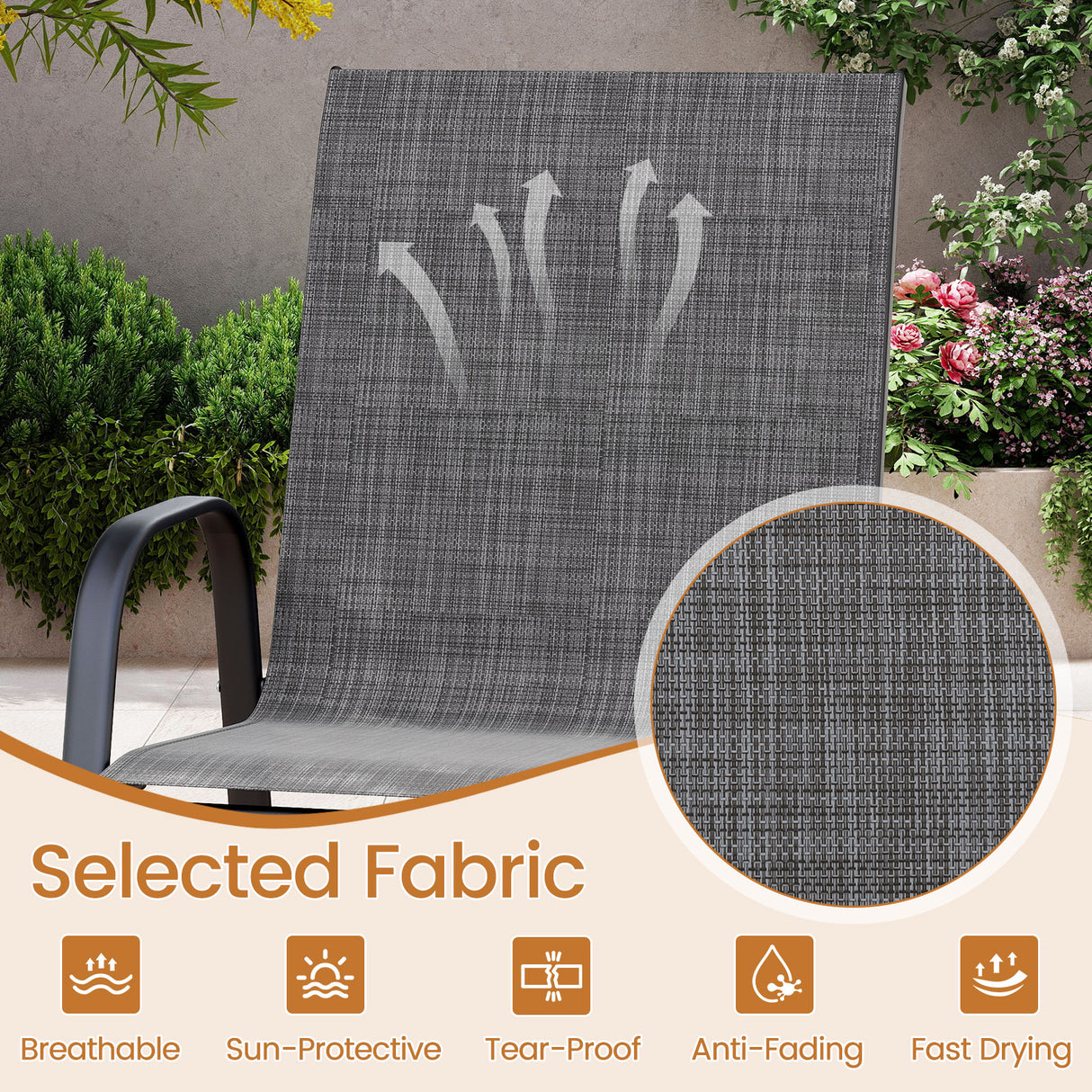 Outdoor Bar Stools Set of 2 29 Inch Fabric Bar Height Stools with Armrests-Grey