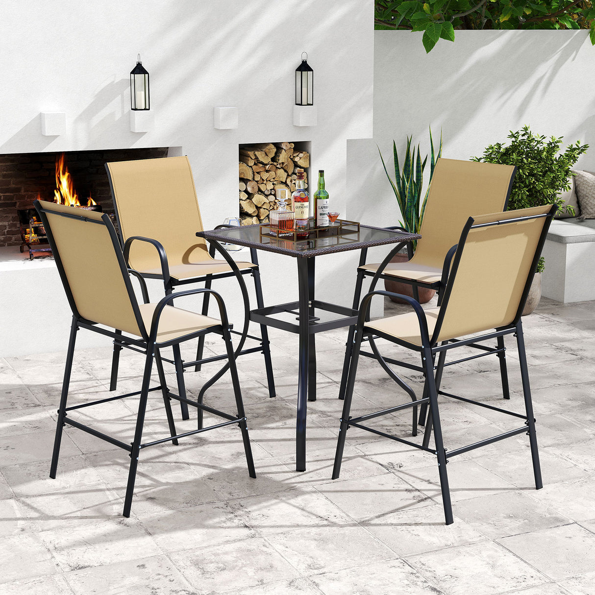 Outdoor Bar Stools Set of 2 29 Inch Fabric Bar Height Stools with Armrests-Beige