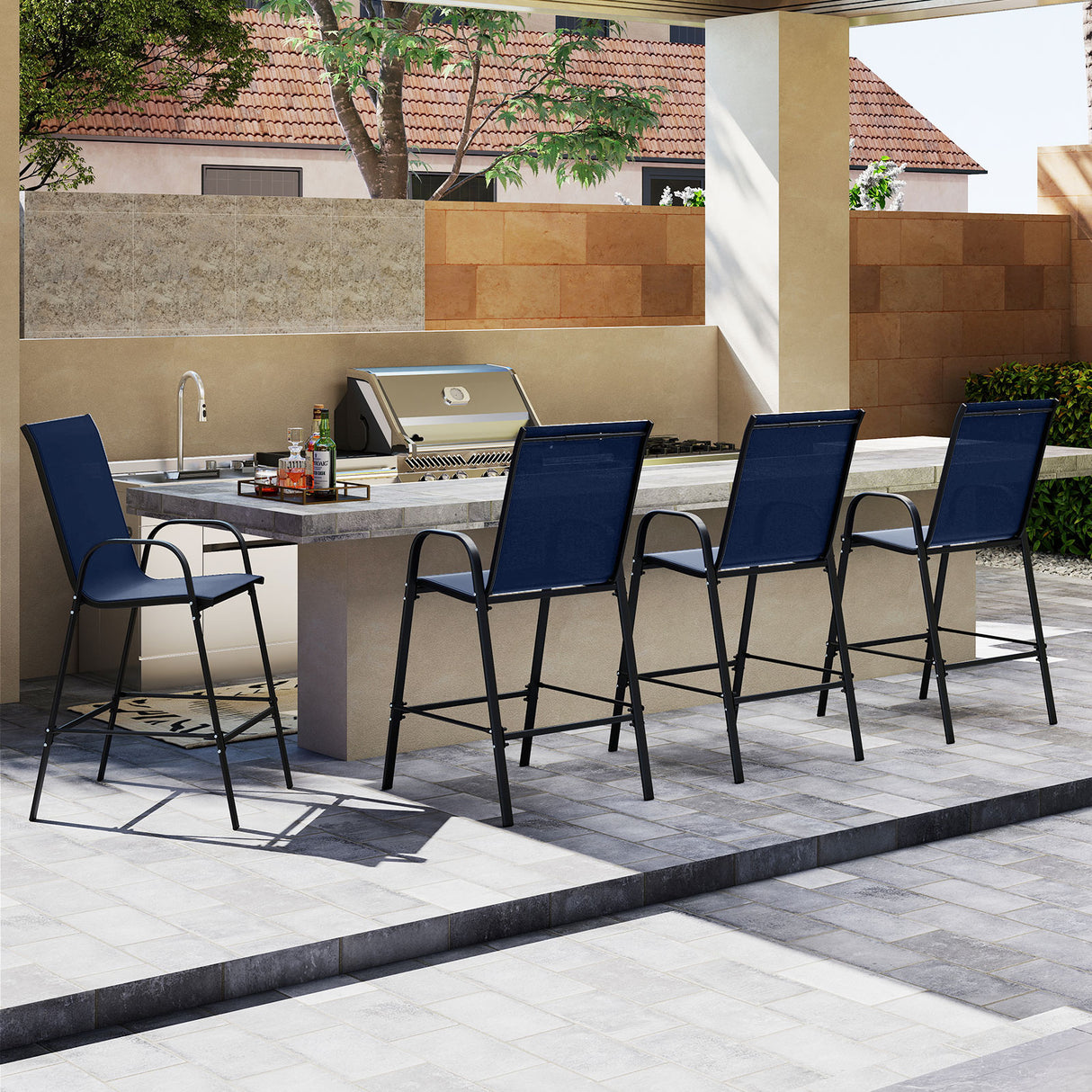 Outdoor Bar Stools Set of 2 29 Inch Fabric Bar Height Stools with Armrests-Navy