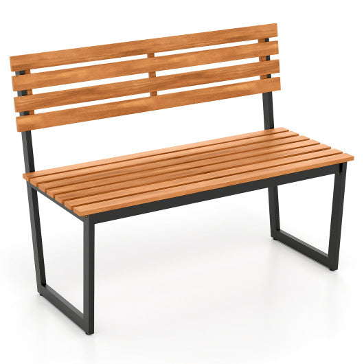 Outdoor Bench Acacia Wood Patio Loveseat with Backrest and Heavy Duty Metal Frame