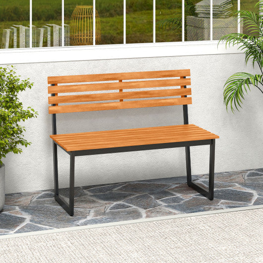 Outdoor Bench Acacia Wood Patio Loveseat with Backrest and Heavy Duty Metal Frame