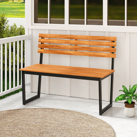 Outdoor Bench Acacia Wood Patio Loveseat with Backrest and Heavy Duty Metal Frame