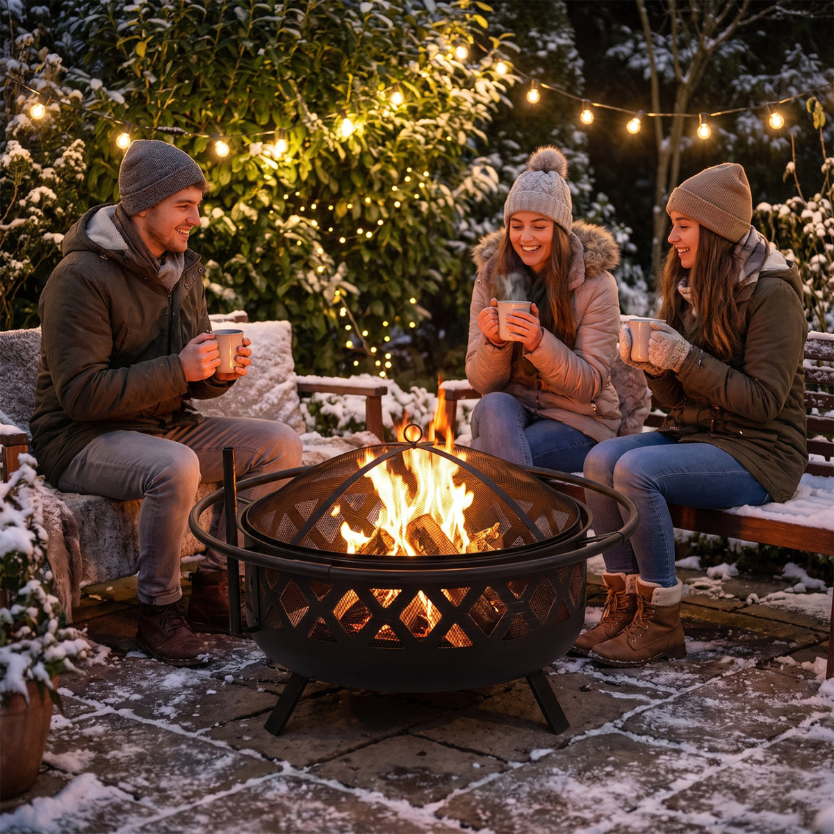 Outdoor Black Fire Pit with Adjustable and Rotatable Grill Grate Breathable Mesh & Outer Ring for BBQ-36 Inches