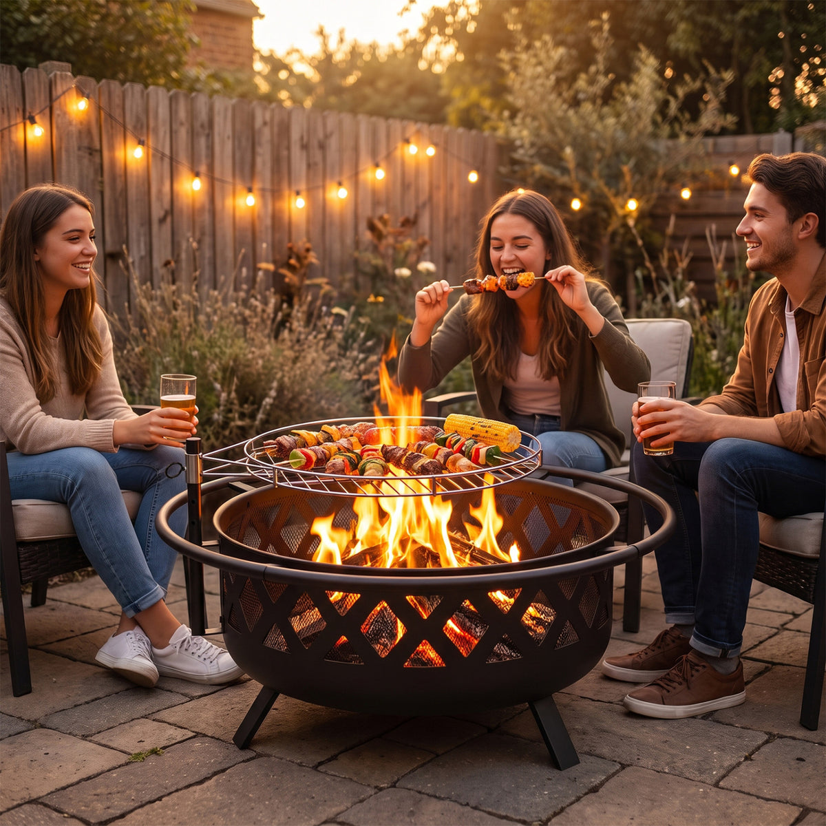 Outdoor Black Fire Pit with Adjustable and Rotatable Grill Grate Breathable Mesh & Outer Ring for BBQ-36 Inches