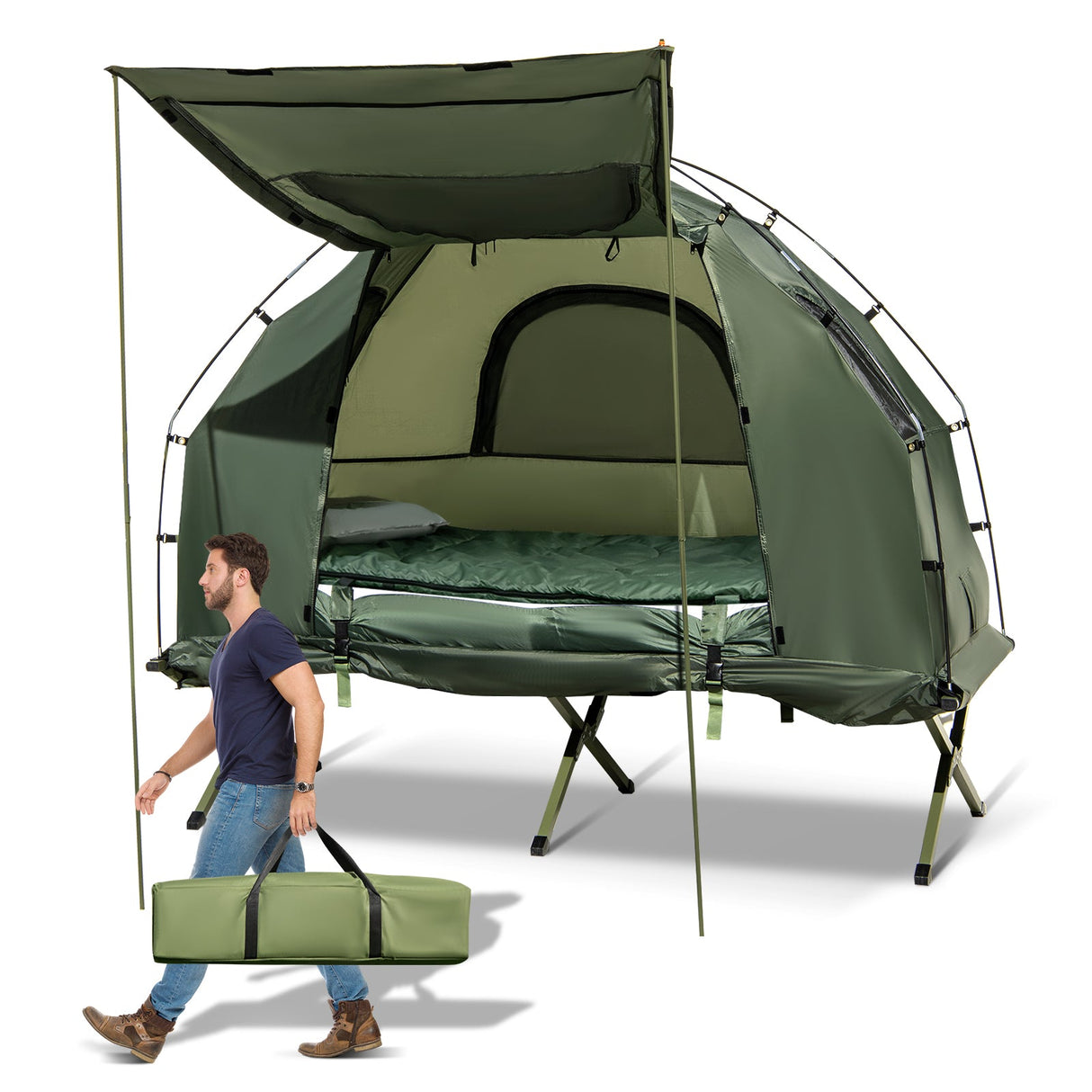 1-Person Folding Camping Tent with Sunshade and Air Mattress by DirectDeals
