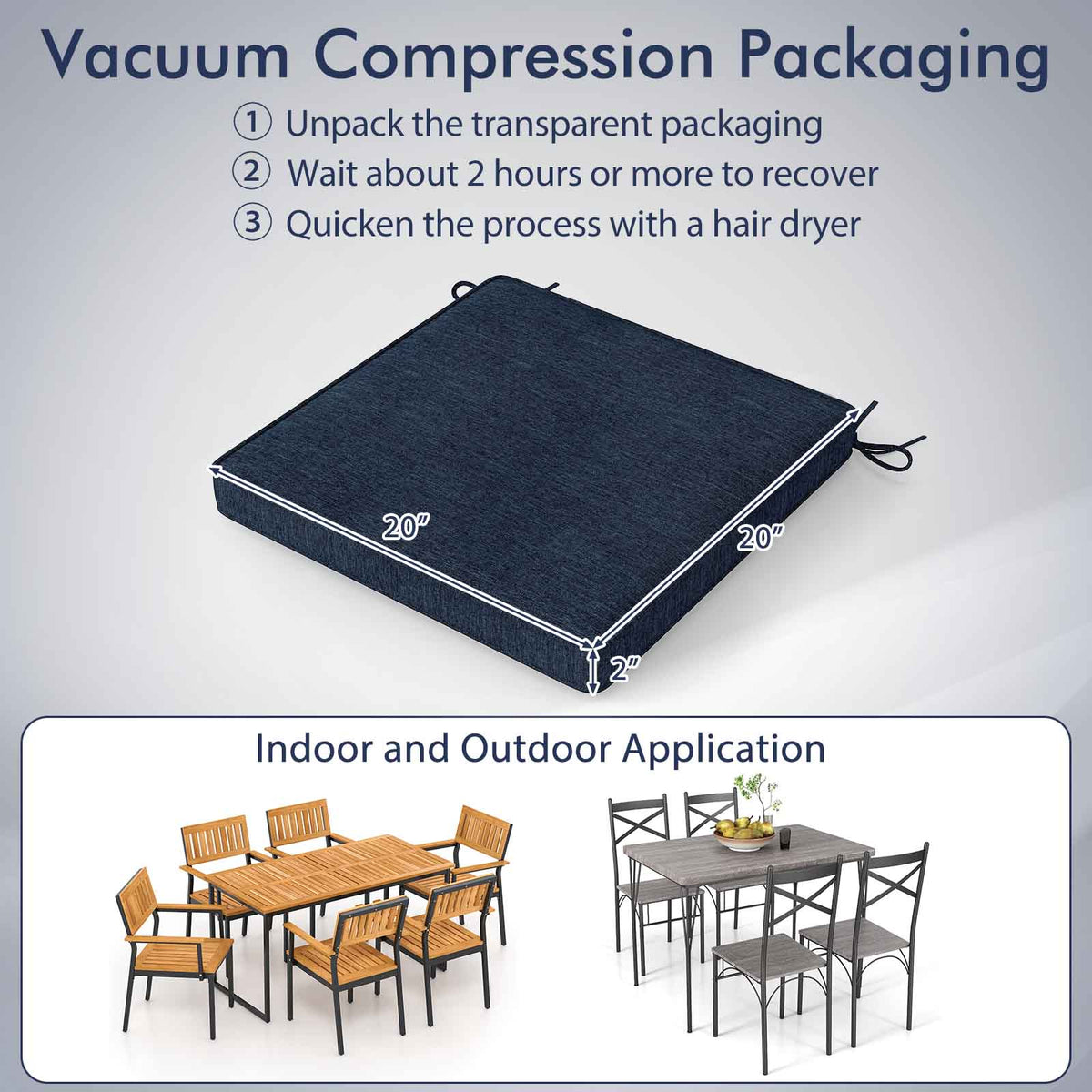 Outdoor Chair Cushion Set of 2 Waterproof Fade-Resistant Olefin Seat Cushions-Navy