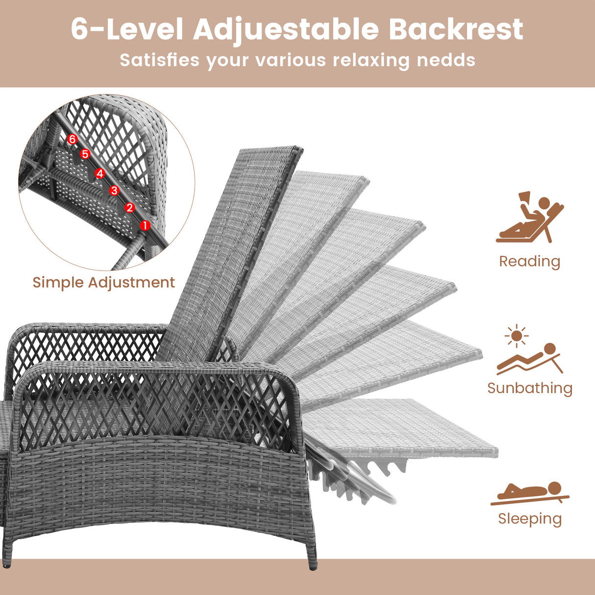 Outdoor Chaise Lounge Chair Patio Recliner with 6-level Backrest-Gray