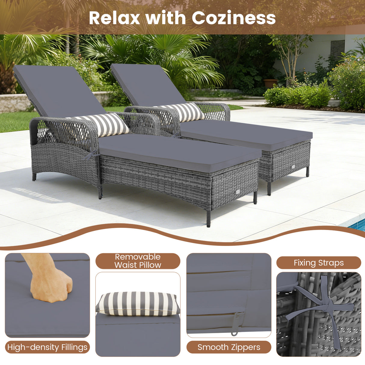 Outdoor Chaise Lounge Chair Patio Recliner with 6-level Backrest-Gray