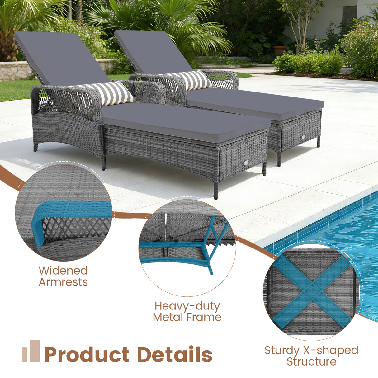Outdoor Chaise Lounge Chair Patio Recliner with 6-level Backrest-Gray