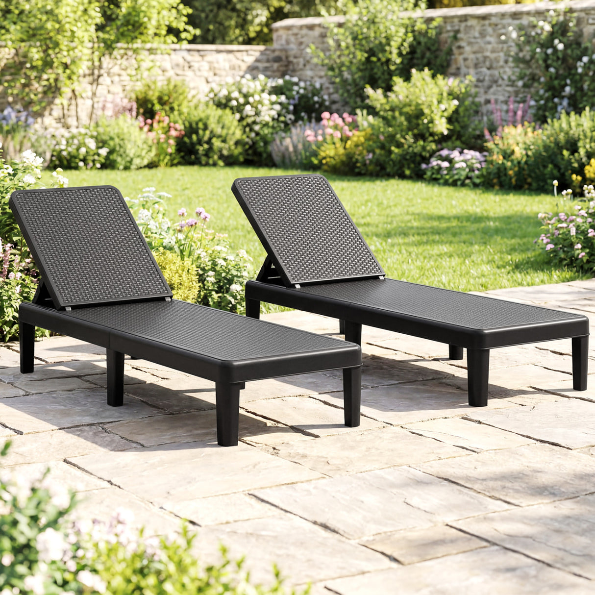Outdoor Chaise Lounger Chair with Waterproof Rattan Textured PP Surface and 330 lbs Capacity-Black