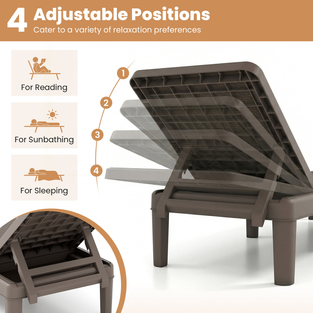 Outdoor Chaise Lounger Chair with Waterproof Rattan Textured PP Surface Set of 2-Brown