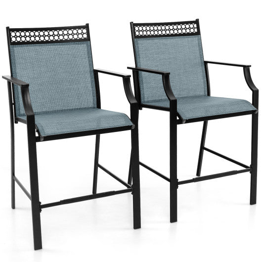 Outdoor Counter Stools Set of 2 Heavy-Duty Barstools with Footrest and Armrests-Blue