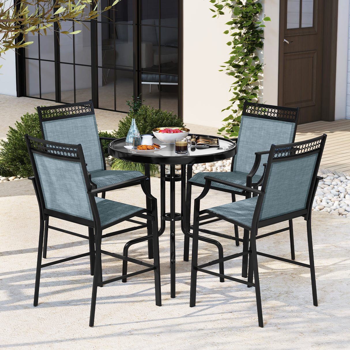 Outdoor Counter Stools Set of 2 Heavy-Duty Barstools with Footrest and Armrests-Blue