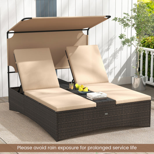Outdoor Daybed with Adjustable Backrests 2-Person PE Rattan Patio Bed-Brown