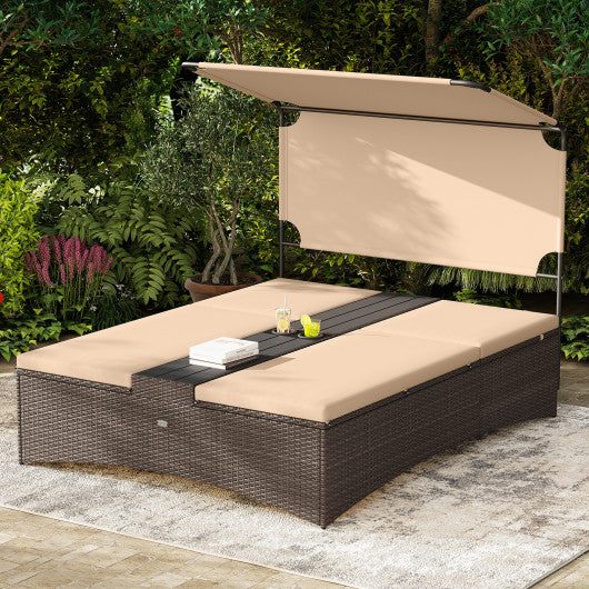 Outdoor Daybed with Adjustable Backrests 2-Person PE Rattan Patio Bed-Brown