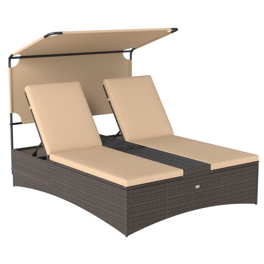 Outdoor Daybed with Adjustable Backrests 2-Person PE Rattan Patio Bed-Brown