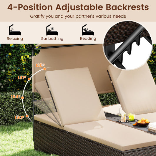 Outdoor Daybed with Adjustable Backrests 2-Person PE Rattan Patio Bed-Brown