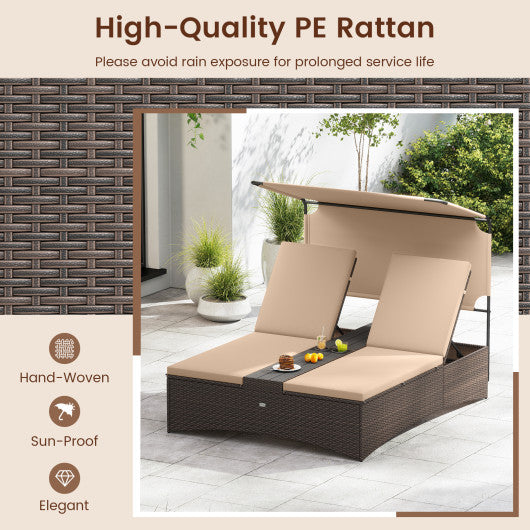 Outdoor Daybed with Adjustable Backrests 2-Person PE Rattan Patio Bed-Brown