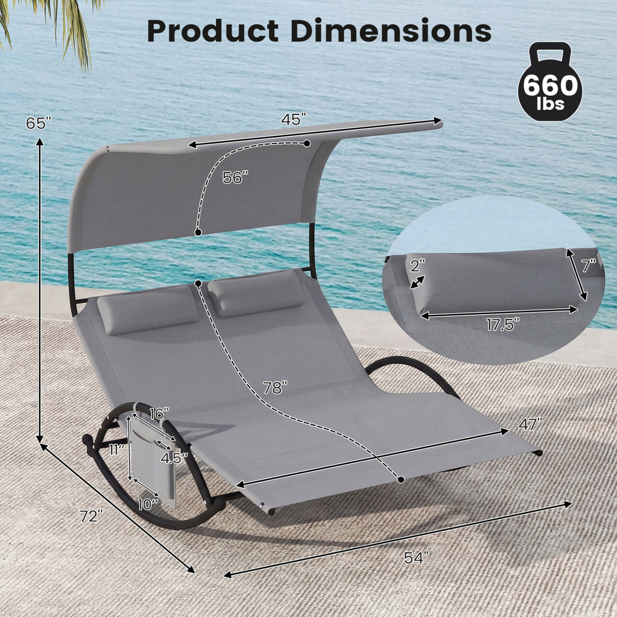 Outdoor Dual Rocker Sunbed 2-Person Canopied Patio Lounger with Detachable Headrests-Gray
