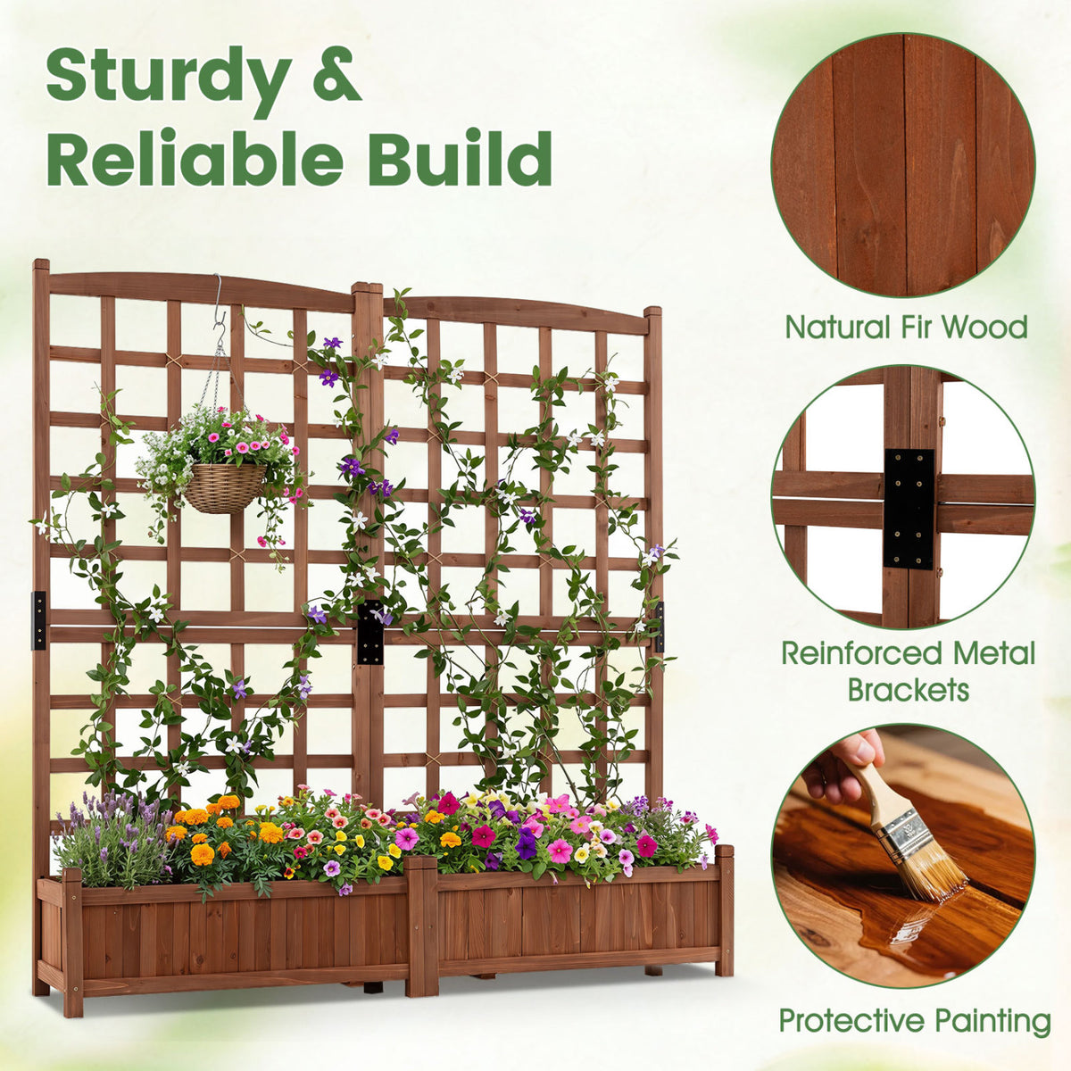Outdoor Dual Wooden Raised Garden Bed with Trellis and Drainage Holes-Rustic Brown