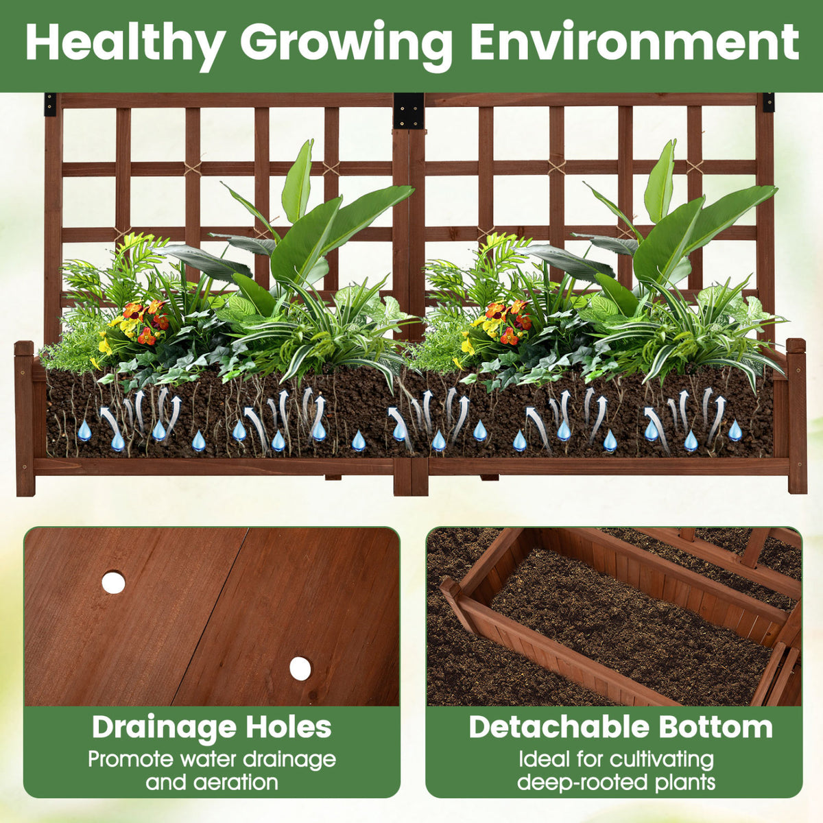 Outdoor Dual Wooden Raised Garden Bed with Trellis and Drainage Holes-Rustic Brown