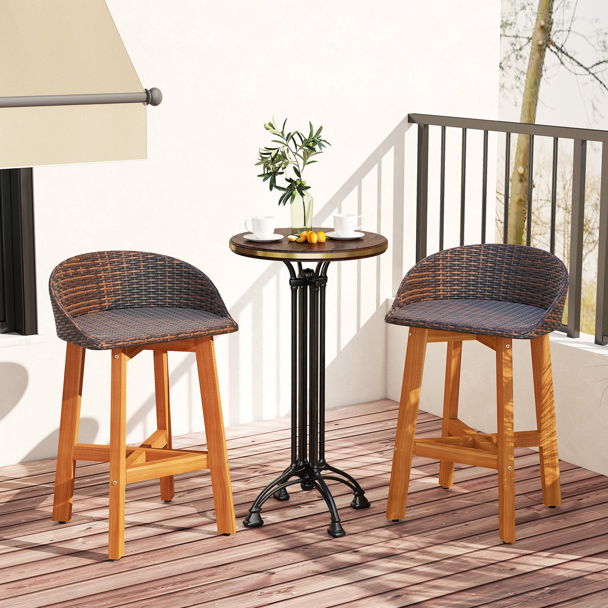 Outdoor Faux Rattan Bar Chairs Set of 2 with Ergonomic Backrests and Footrests-Brown