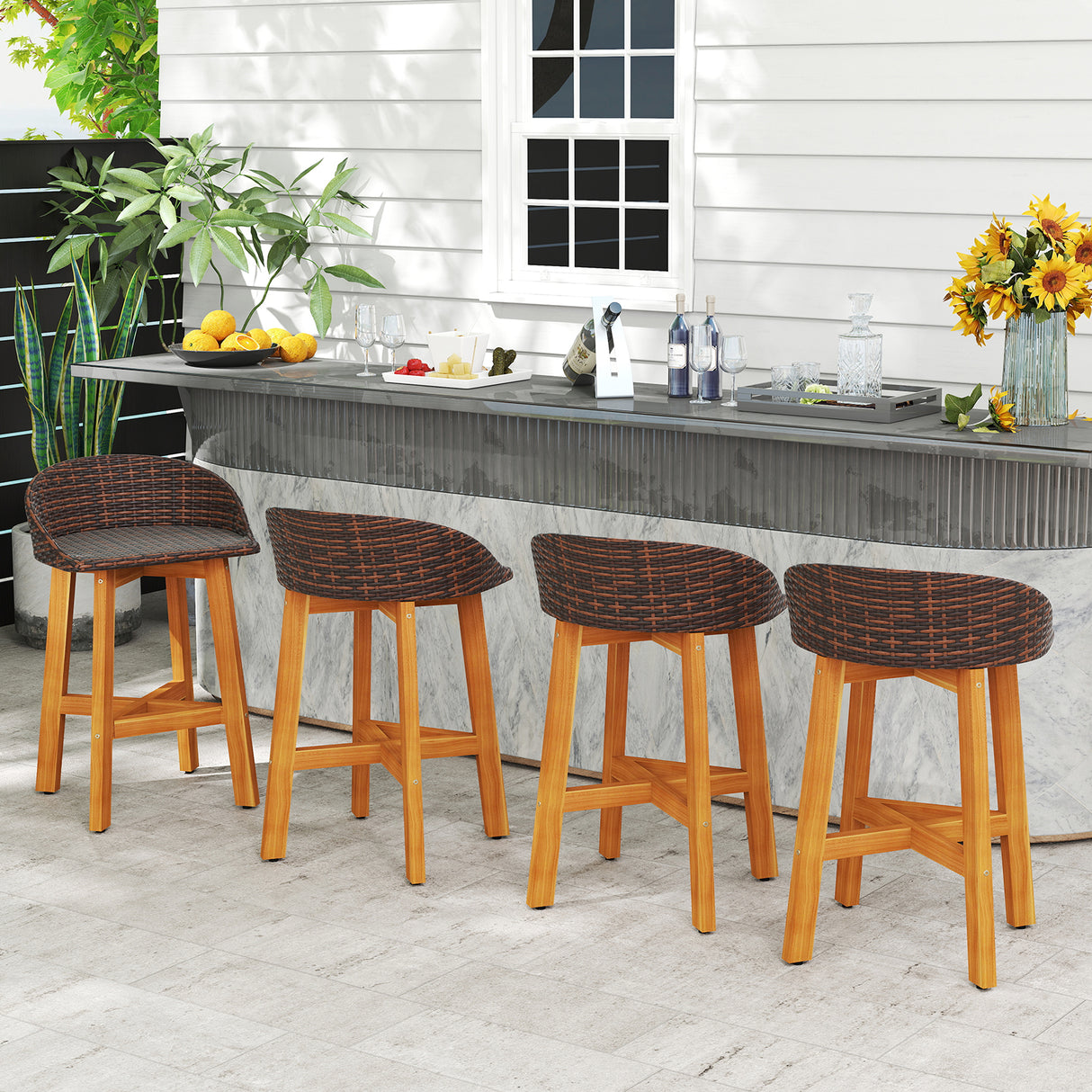Outdoor Faux Rattan Bar Chairs Set of 2 with Ergonomic Backrests and Footrests-Brown